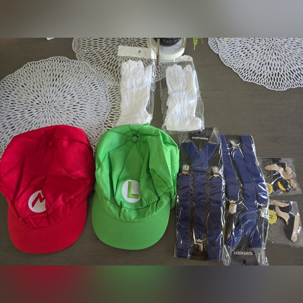 Red and Green Character Hats with Blue Suspenders
